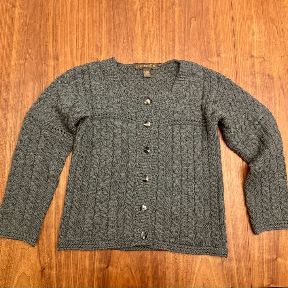 INIS CRAFTS Irish Cable Knit Chunky Fisherman Safe Green Merino Wool Size S